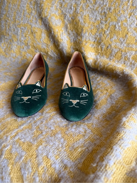 Charlotte Olympia Shoes - Charlotte Olympia Emerald Green Velvet Cat-Embroidered Flats